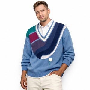 Vintage Par Four Men's XL Golf Sweater Blue/Purple V-Neck Cardigan Graphic Print